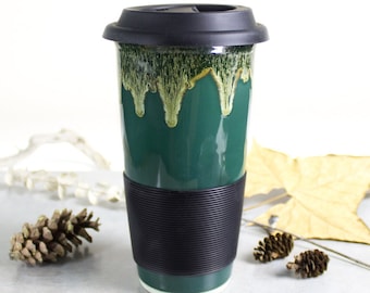 Reusable Travel mug, eco friendly forest hunter green, ceramic To Go coffee Mug, Woodland moss highlights, Mother's Day gift ideas