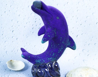 Blue Ceramic Dolphin Sculpture, Beach home decor, handmade, Purple Blue glaze, ocean nautical decor, gift for daughter, gift for mom