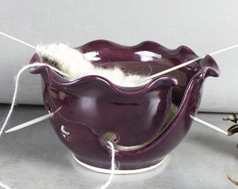 Ceramic Yarn Bowl, knitter gift, Knitting Bowl, Mother's Day Gift, eggplant purple, crochet bowl, handmade pottery, Craft tool diy