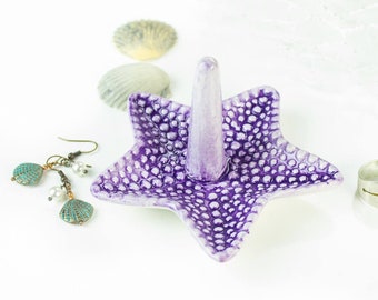 Ceramic Starfish ring holder, purple ocean inspired style, jewelry Ring Holder, handmade pottery, sea lover gift, for her under 25