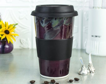 Eggplant purple reusable travel mug, eco friendly ceramic coffee mugs, ceramics tumbler 12 -14 oz, gift for her, for him