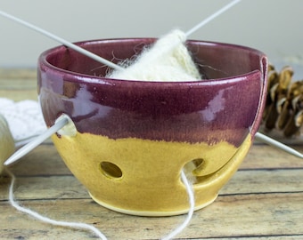 Gold Burgundy Yarn bowl, Knitting Crochet Bowl, handmade, Small ceramics Yarn holder, knitter gift diy for her - MADE TO ORDER for you