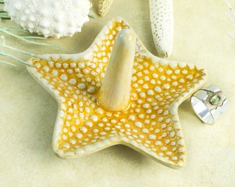 Yellow starfish ring dish, jewelry Holder, Mother's Day gift ideas, bridesmaid gift, Tropical Beach ocean, mermaid gift, gift for her