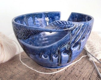 Cobalt Blue Yarn Bowl, knitting bowl, Large ceramic Crochet Bowl, Handmade Pottery bowl, twisted Leaf handle, knitter gift