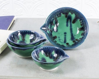 Keramik Messbecher, Nesting Prep Bowls, Set 4 Mint Green Blue Drips, handgefertigte Keramik, Geschenk für den Koch