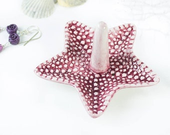 Starfish ring dish, Ceramic Ring Holder, Dark Pink jewelry dish, handmade pottery, Beach wedding favor, Mother's Day gift, for her