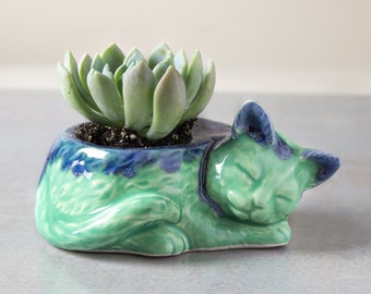 Kitty flower pot, air plant holder, ceramics desk decor, succulent planter, green blue cactus planter , cat lover gift, Mother’s Day gift