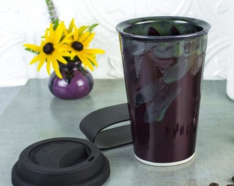 Eggplant purple reusable travel mug, eco friendly ceramics coffee mugs, ceramic tumbler 12 -14 oz, housewarming gift for all