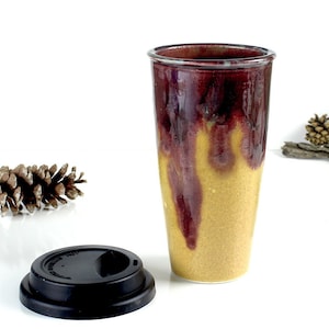 Taza de viaje de café de cerámica, esmaltado dorado color miel, tapa de silicona, cerámica torneada, regalo para amantes del café, para él, para ella