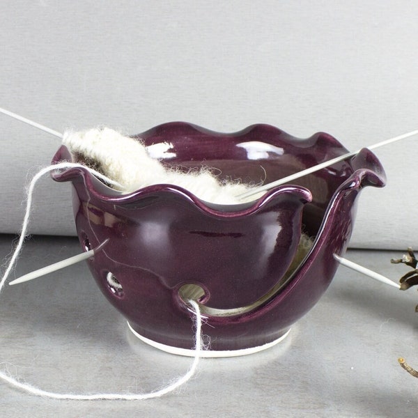 Ceramic Yarn Bowl, knitter gift, Knitting Bowl, Mother's Day Gift, eggplant purple, crochet bowl, handmade pottery, Craft tool diy