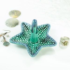 Emerald Ring Holder, Starfish trinket dish, ocean inspired style, Handmade ceramics, Jewelry dish, sea lover gift, love gift