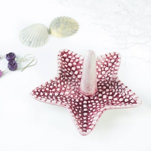 Starfish ring dish, Ceramic Ring Holder, Dark Pink jewelry dish, handmade pottery, Beach wedding favor, Mother's Day gift, for her image 1