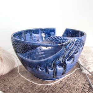 Cobalt Frothy Blue Yarn Bowl, Large Wheel Thrown Ceramic Crochet Bowl, twisted Leaf handle