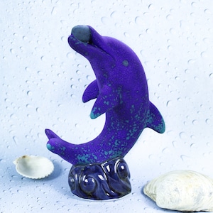 Blue Ceramic Dolphin Sculpture, Beach home decor, handmade, Purple Blue glaze, ocean nautical decor, gift for daughter, gift for mom image 1