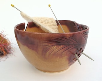 LARGE 9" Yarn Bowl, Knitting bowl, Autumn Gold yarn organizer, twisted leaf handle, Mother's Day , Crochet Bowl, knitter gift, IN STOCK