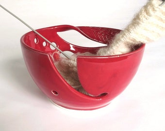 Ruby Red Yarn Bowl, Wheel thrown Ceramic Yarn Holder, Crochet Knitting storage, Twisted Leaf, Knitter Gift, Mother's Day gift, IN STOCK