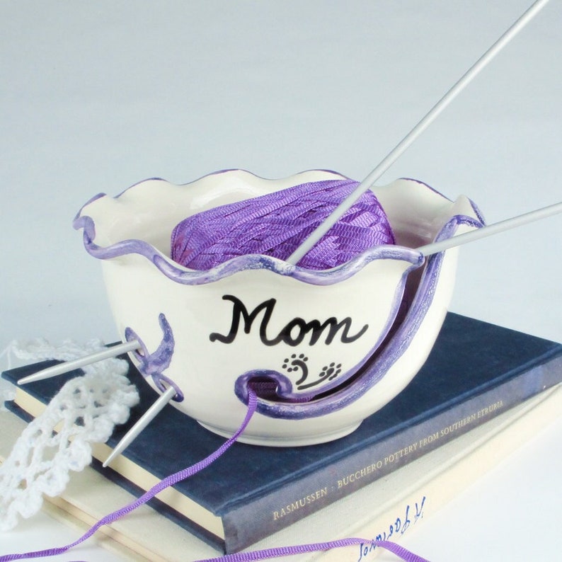 Ceramic Yarn Bowl, white purple, crafty mom gift, Personalized Custom Name, Knitting Holder, Crochet organizer storage, MADE TO ORDER image 1