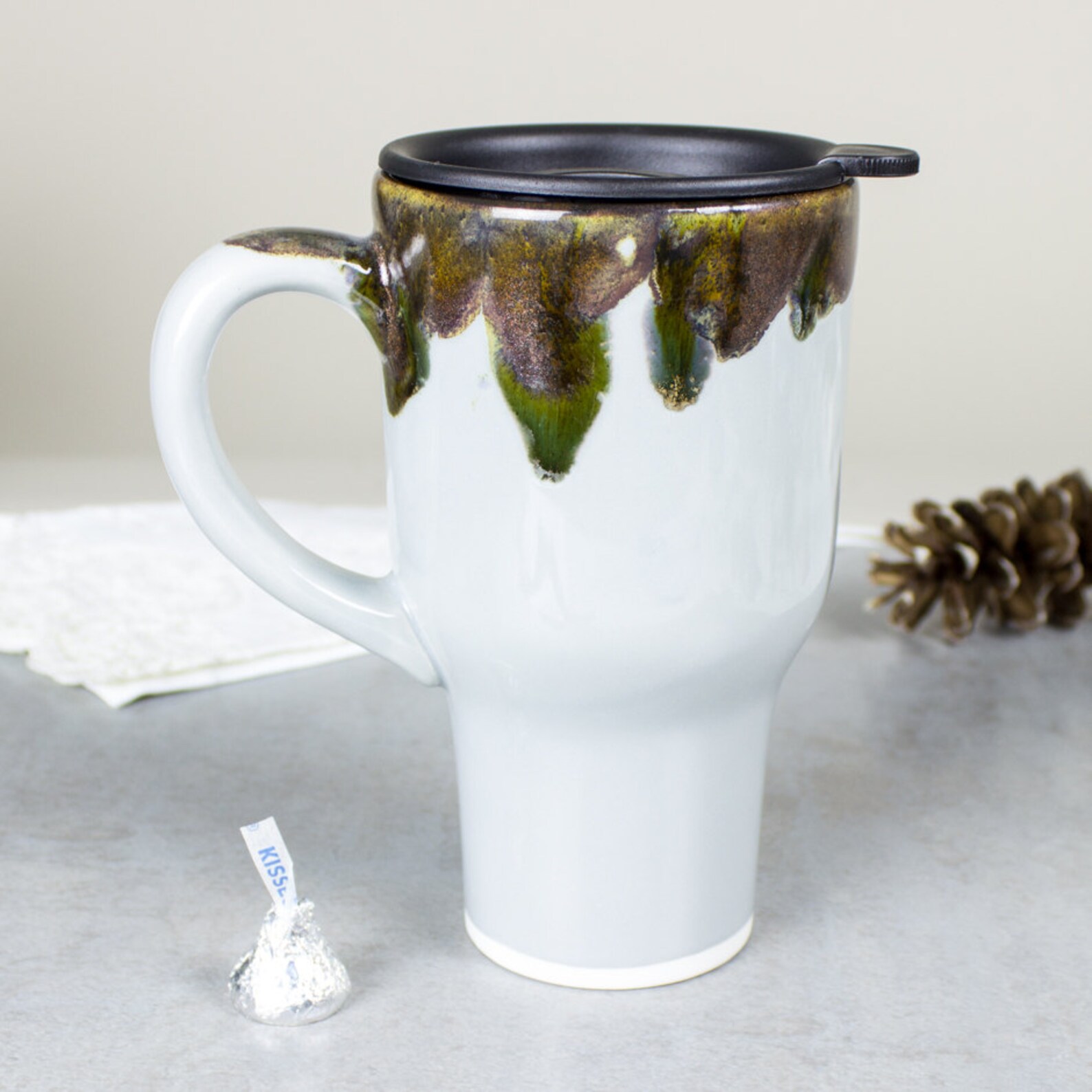 Ceramic Coffee Travel mug with handle Grey Goldstone Sparkle Etsy