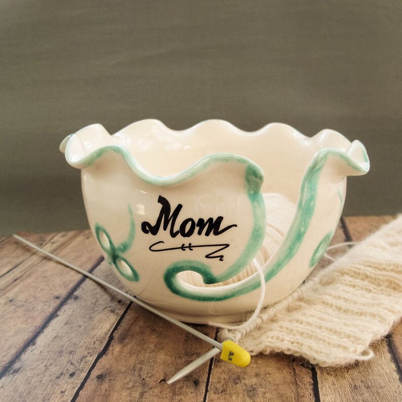 Ceramic Yarn Bowl, Mom or custom Name, Knitting Bowl, Wheel thrown Crochet Bowl, White Handmade Ceramics, knitter gift MADE TO ORDER image 1