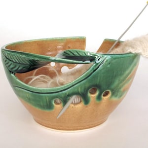 Tropical Lime Green Ceramic Yarn Bowl, twisted leaf handle, Handmade pottery, Orange, Yellow, Made to Order
