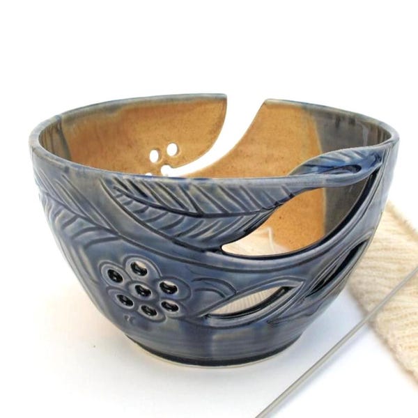 LARGE 9" Ceramic Yarn Bowl, Autumn Creek, Golden Blue Grey, Knitting / quilt binding bowl, twisted leaf handle