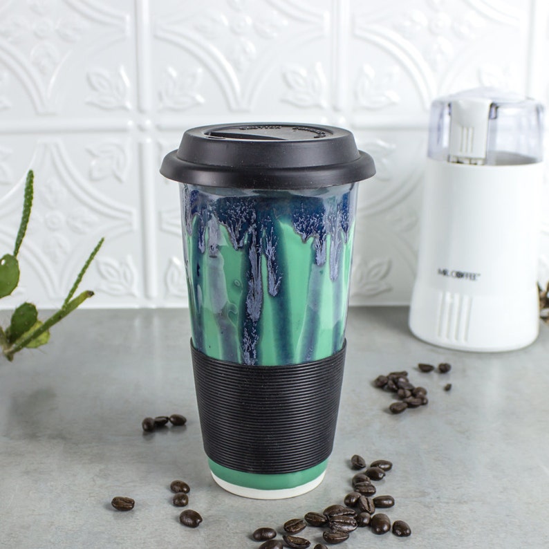 Reusable Travel mug, eco friendly forest hunter green, ceramic To Go coffee Mug, Woodland moss highlights, Mother's Day gift ideas image 4