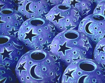 Celestial Ceramic Candleholder, Blue Stars and Moon Lantern, Velvet Purple Candileria™, Starry Night Pottery