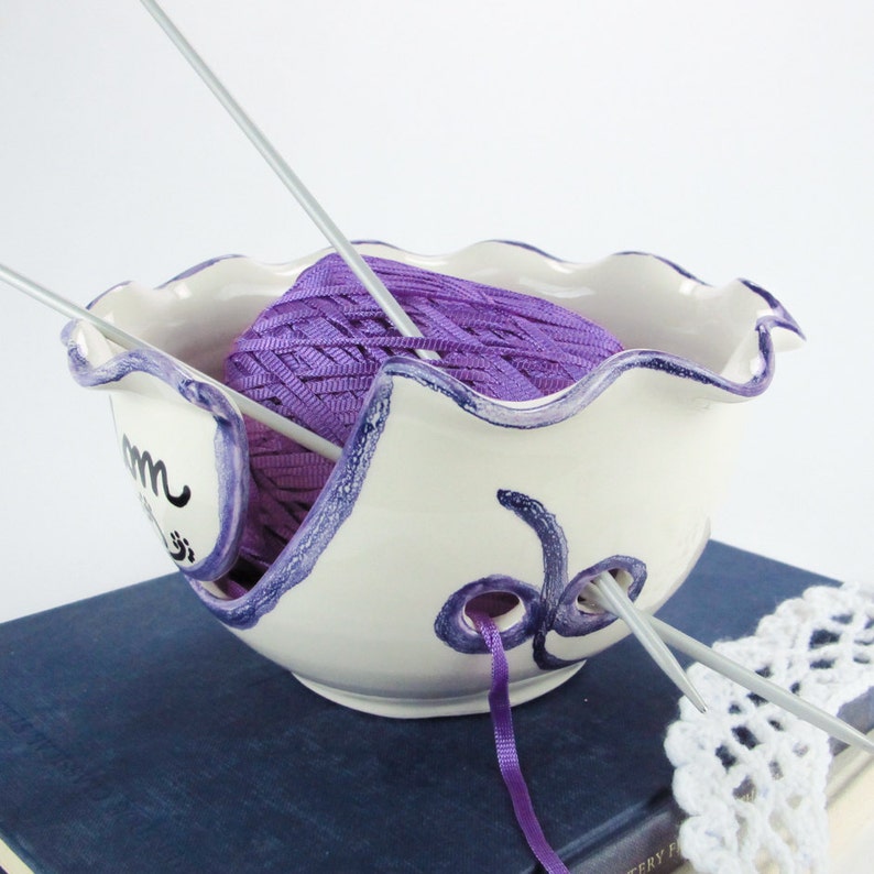 Ceramic Yarn Bowl, white purple, crafty mom gift, Personalized Custom Name, Knitting Holder, Crochet organizer storage, MADE TO ORDER image 2