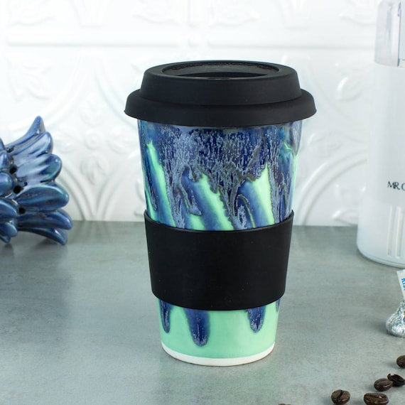 Blue Mint Green Travel Mug with Lid, 12 - 14 oz, Handmade Ceramic Reusable  Coffee Cup