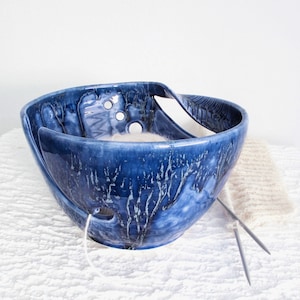 Cobalt Blue Yarn Bowl, knitting bowl, Large ceramic Crochet Bowl, Handmade Pottery bowl, twisted Leaf handle, knitter gift image 4