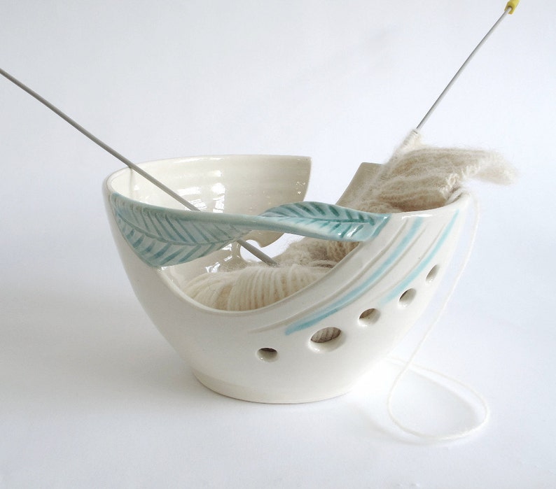 Ceramic Yarn Bowl, Knitting bowl, handmade Crochet Bowl, white with twisted green leaf, knitter gifts, Mother's Day gift Made to Order image 2