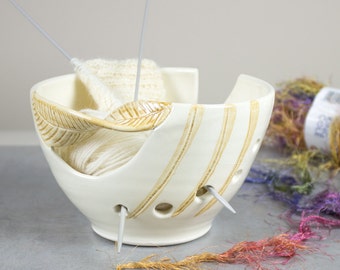 White Ceramic Yarn Bowl Knitting bowl, Crochet Bowl, Honey Yellow twisted leaf, Modern home, knitter gift, custom MADE to ORDER for you