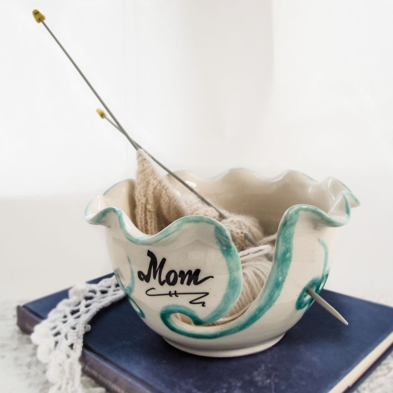 Ceramic Yarn Bowl, Mom or custom Name, Knitting Bowl, Wheel thrown Crochet Bowl, White Handmade Ceramics, knitter gift MADE TO ORDER image 3