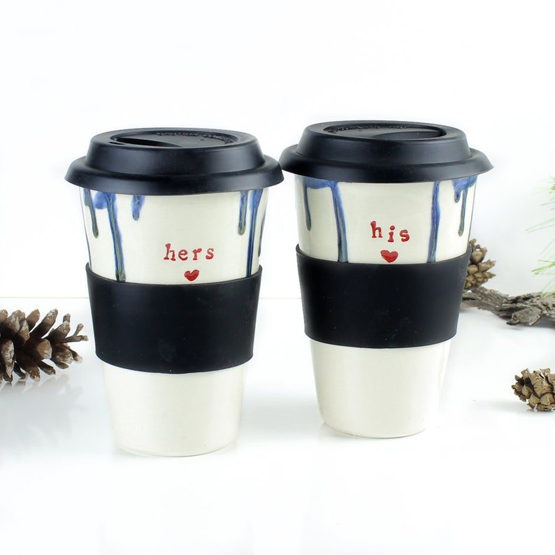 HERS & HIS ceramic Travel Mug, coffee cup, with Lid, 12-14 oz, to Go mug, White blue Red, heart, Love gift, for couple, fun gift ideas image 7