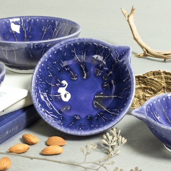 Cobalt Blue Ceramic Measuring Cups, Nesting Prep Bowls, Handmade Modern Pottery
