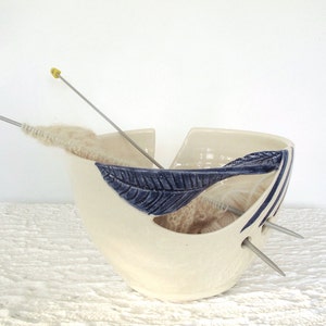 Ceramic Yarn bowl, yarn Holder, Knitting Bowl, handmade Pottery, modern White, blue twisted leaf, knitter gift, MADE TO ORDER image 2