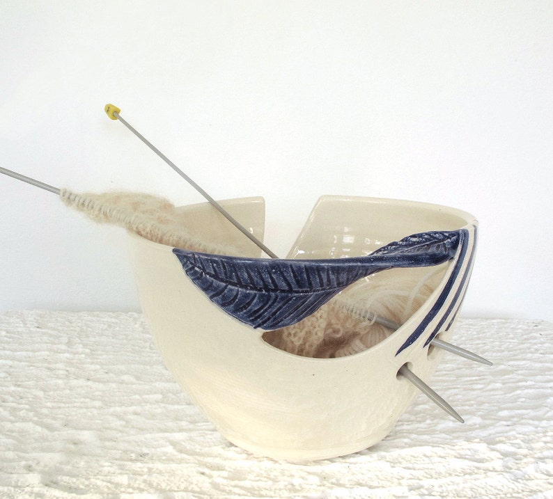 Ceramic Yarn bowl, yarn Holder, Knitting Bowl, handmade Pottery, modern White, blue twisted leaf, knitter gift, MADE TO ORDER image 2