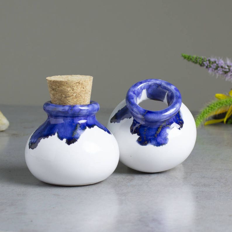 Ceramic jar with cork lid, gift, White Blue small spice jar, Modern Kitchen, Home Decor, Handmade ceramics, gift for mom, for chef image 2