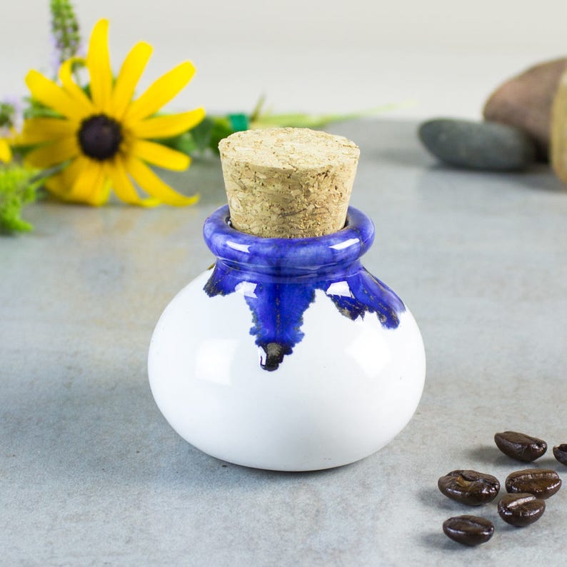 Ceramic jar with cork lid, gift, White Blue small spice jar, Modern Kitchen, Home Decor, Handmade ceramics, gift for mom, for chef image 1