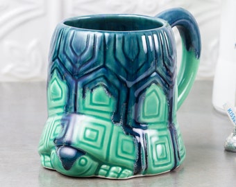 Turtle mug, ceramics Coffee mug, Sea Turtle gift, Nautical Decor, Mint Green Blue cup, natural history ceramics, Mom gift, for him her