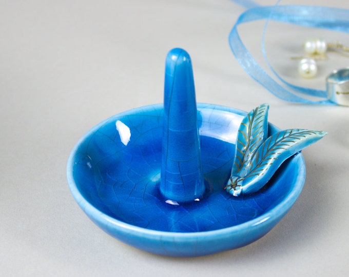 Ring Holder Dish Turquoise Aqua Bowl Gold Painted Leaf Etsy