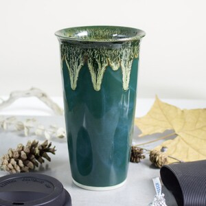 Reusable Travel mug, eco friendly forest hunter green, ceramic To Go coffee Mug, Woodland moss highlights, Mother's Day gift ideas image 3