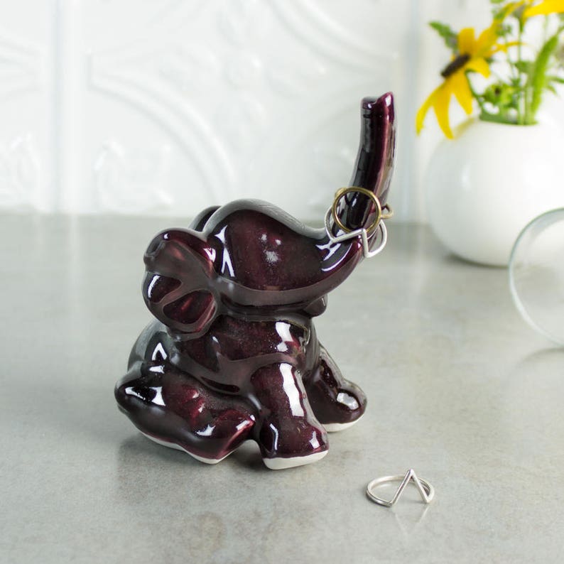Burgundy Elephant ring holder, Mothers Day gift ideas, Lucky Purple Elephant, jewelry Holders, elephant gift, gift for her image 1
