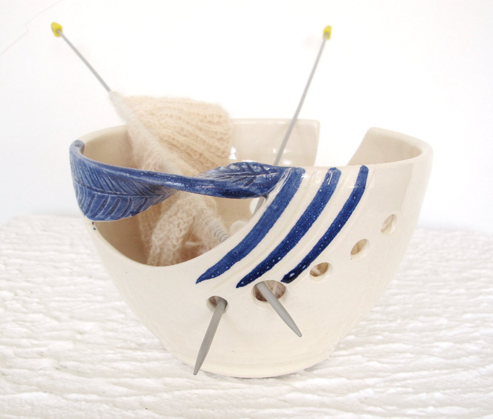 Blue Twisted Leaf Ceramic Yarn Holder Bowl Knitting Bowl Etsy