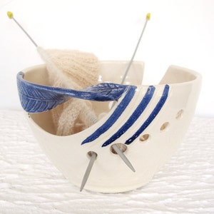 Ceramic Yarn bowl, yarn Holder, Knitting Bowl, handmade Pottery, modern White, blue twisted leaf, knitter gift, MADE TO ORDER image 1