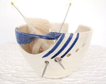 Ceramic Yarn bowl, yarn Holder, Knitting Bowl, handmade Pottery, modern White, blue twisted leaf, knitter gift, MADE TO ORDER