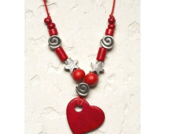 Red Heart Necklace, Valentine gift, Heart Jewelry, Love, Silver star Adjustable whimsical Beaded, gift for her under 25