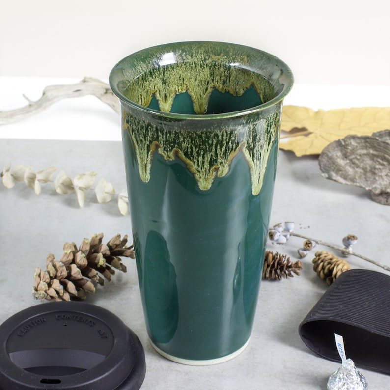Reusable Travel mug, eco friendly forest hunter green, ceramic To Go coffee Mug, Woodland moss highlights, Mother's Day gift ideas image 2
