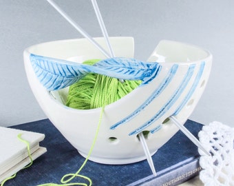 White Pottery Yarn Bowl Ceramic Stoneware Knitting Bowl Aqua Light Sea Blue Twisted Leaf handle Personalized gift - MADE TO ORDER