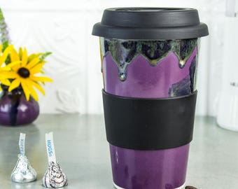 Ceramic Travel Mug, 14 oz coffee muf, To Go Mug w Silicone Lid, handmade ceramic mugs, Amethyst Purple, modern Mother's Day , for her